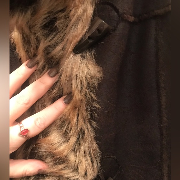 Faux Fur Faux Leather Vest in Dark Brown. Horned Tooth Buttons, Leather Trim - Picture 4 of 8